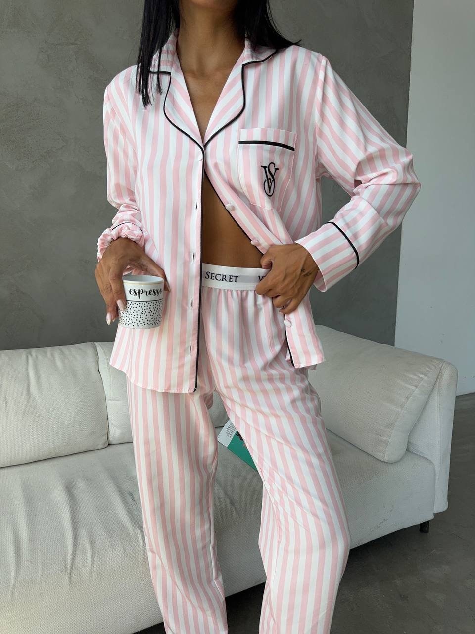 Victoria’s Secret – Γυναικεία Σατέν Πιτζάμα Ριγέ 3 Τεμαχίων – Ροζ