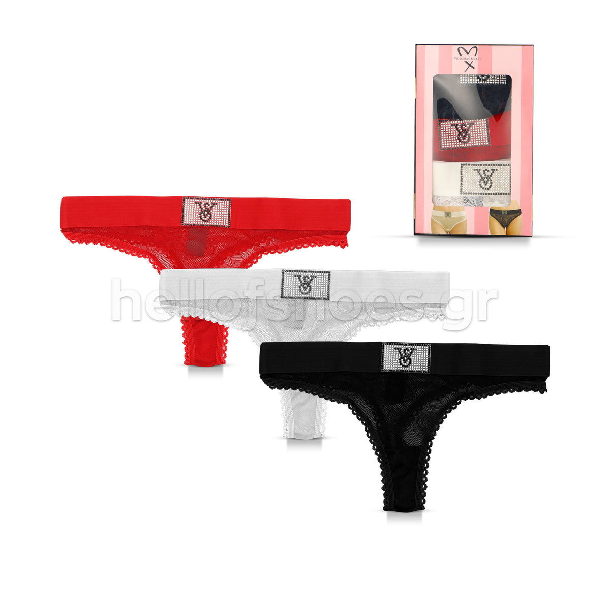 Victoria’s Secret – Σετ Γυναικεία String 3 Τεμαχίων με Δαντέλα & Στρας
