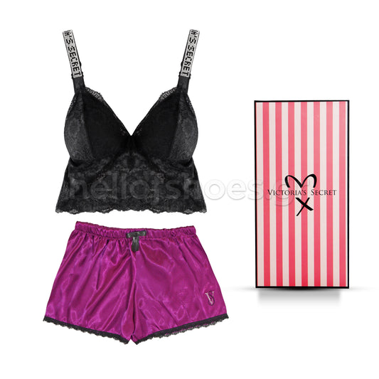 Σετ Εσωρούχων Victoria’s Secret – Μαύρη Δαντέλα & Μωβ Σατέν Σορτσάκι